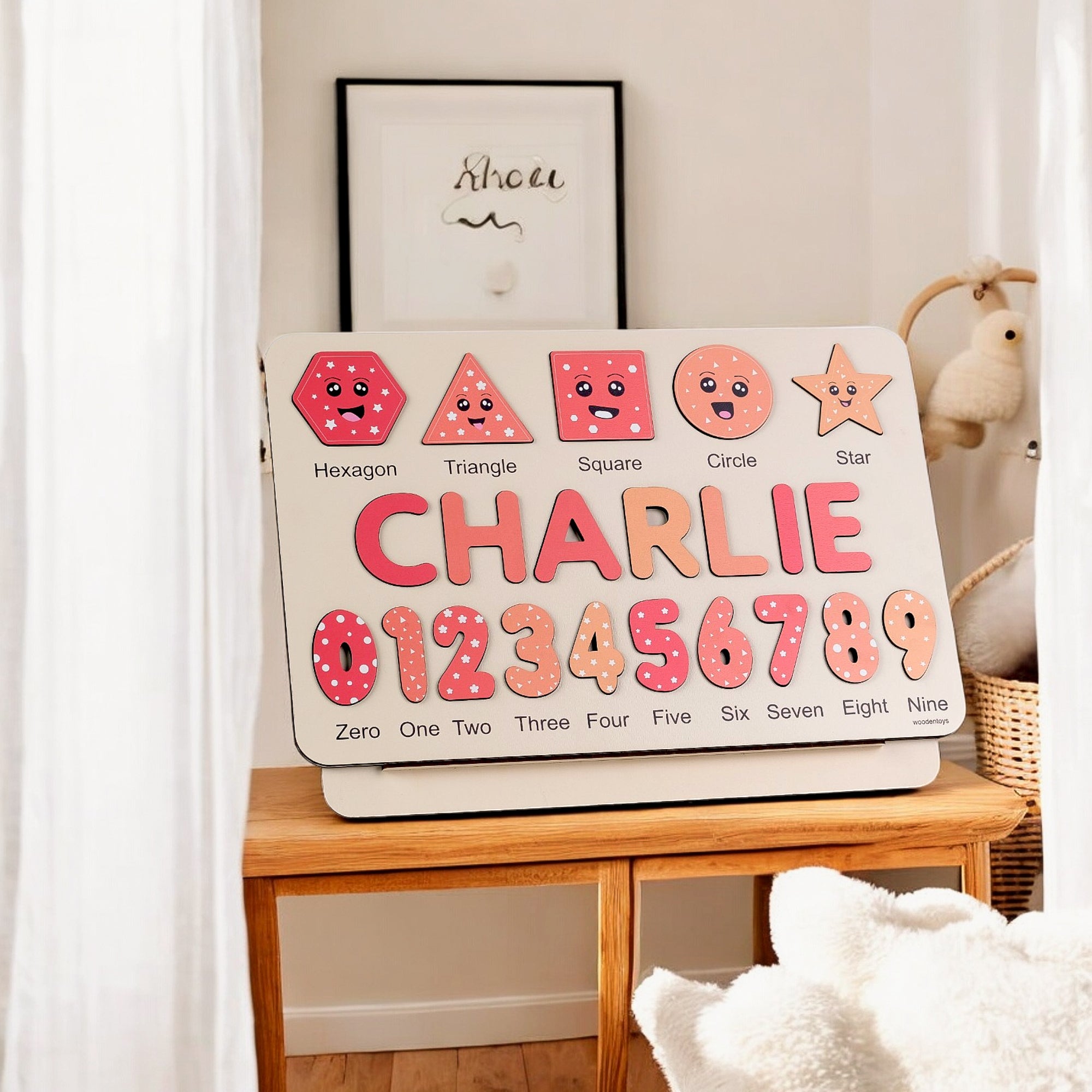 Personalized Name Puzzle – Pink Wooden Numbers & Shapes for Kids
