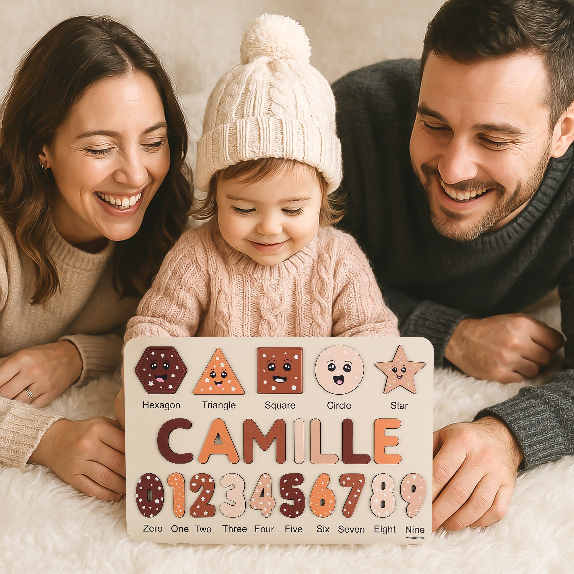Personalized Name Puzzle – Brown Wooden Numbers & Shapes for Kids
