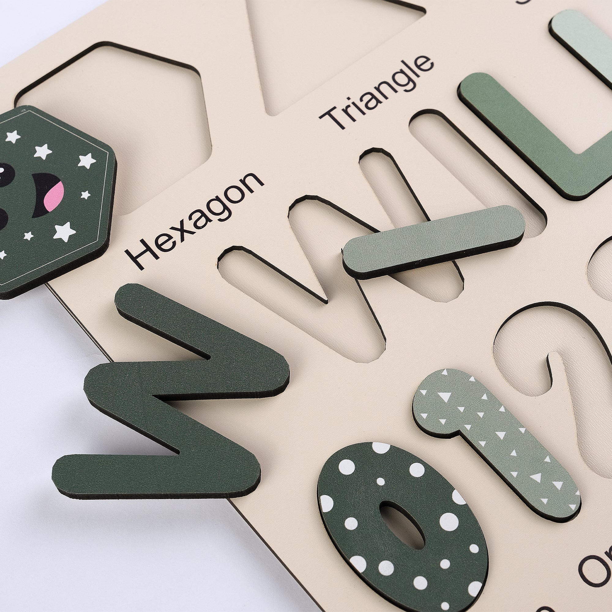 Personalized Name Puzzle – Green Wooden Numbers & Shapes for Kids