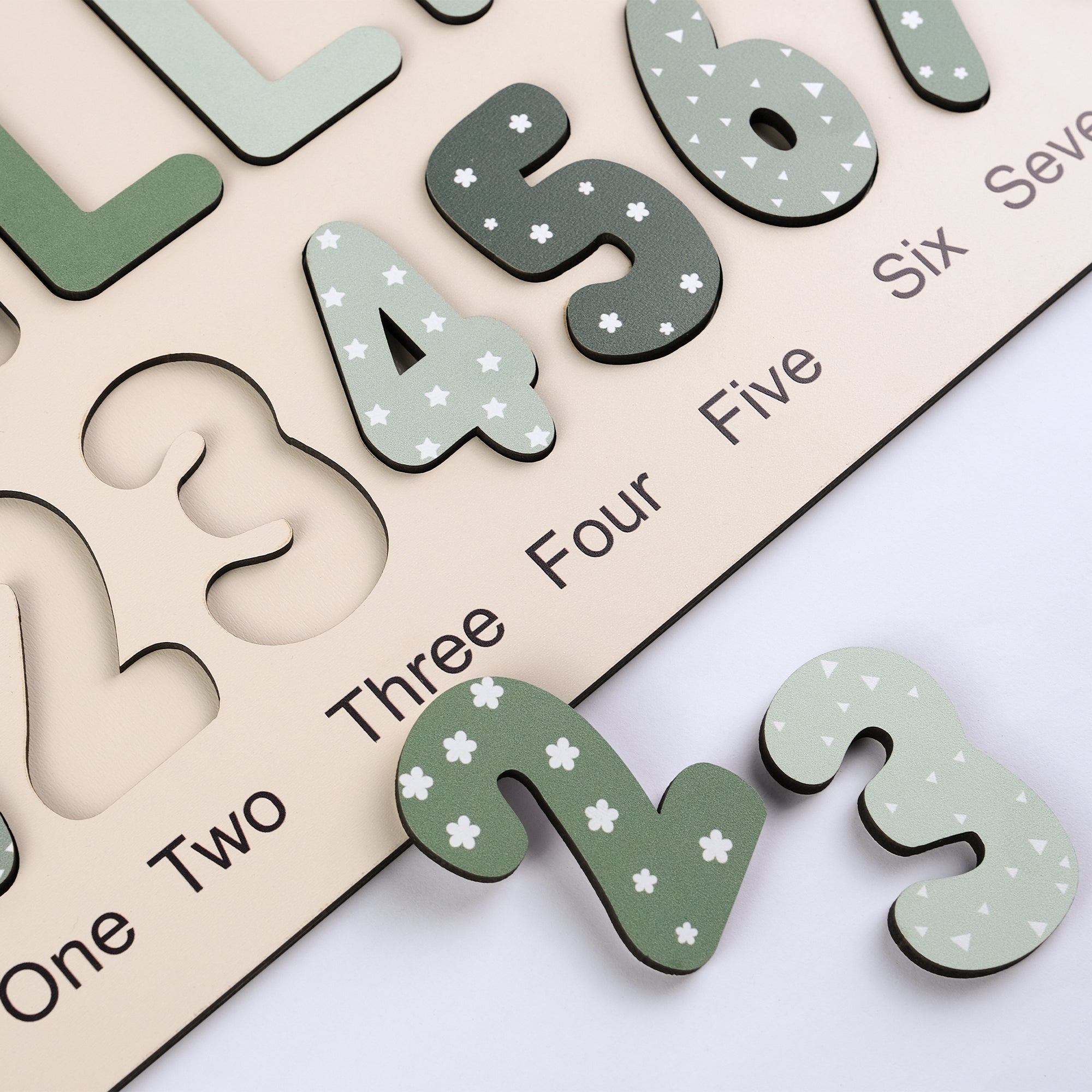 Personalized Name Puzzle – Green Wooden Numbers & Shapes for Kids