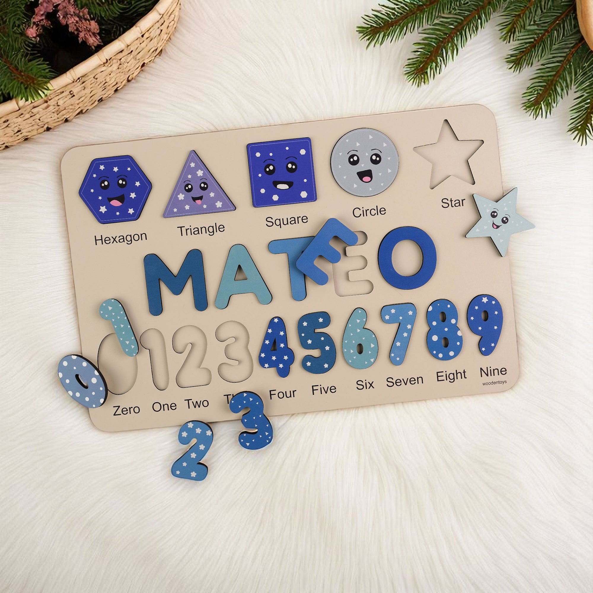 Personalized Name Puzzle – Royal Blue Wooden Numbers & Shapes for Kids