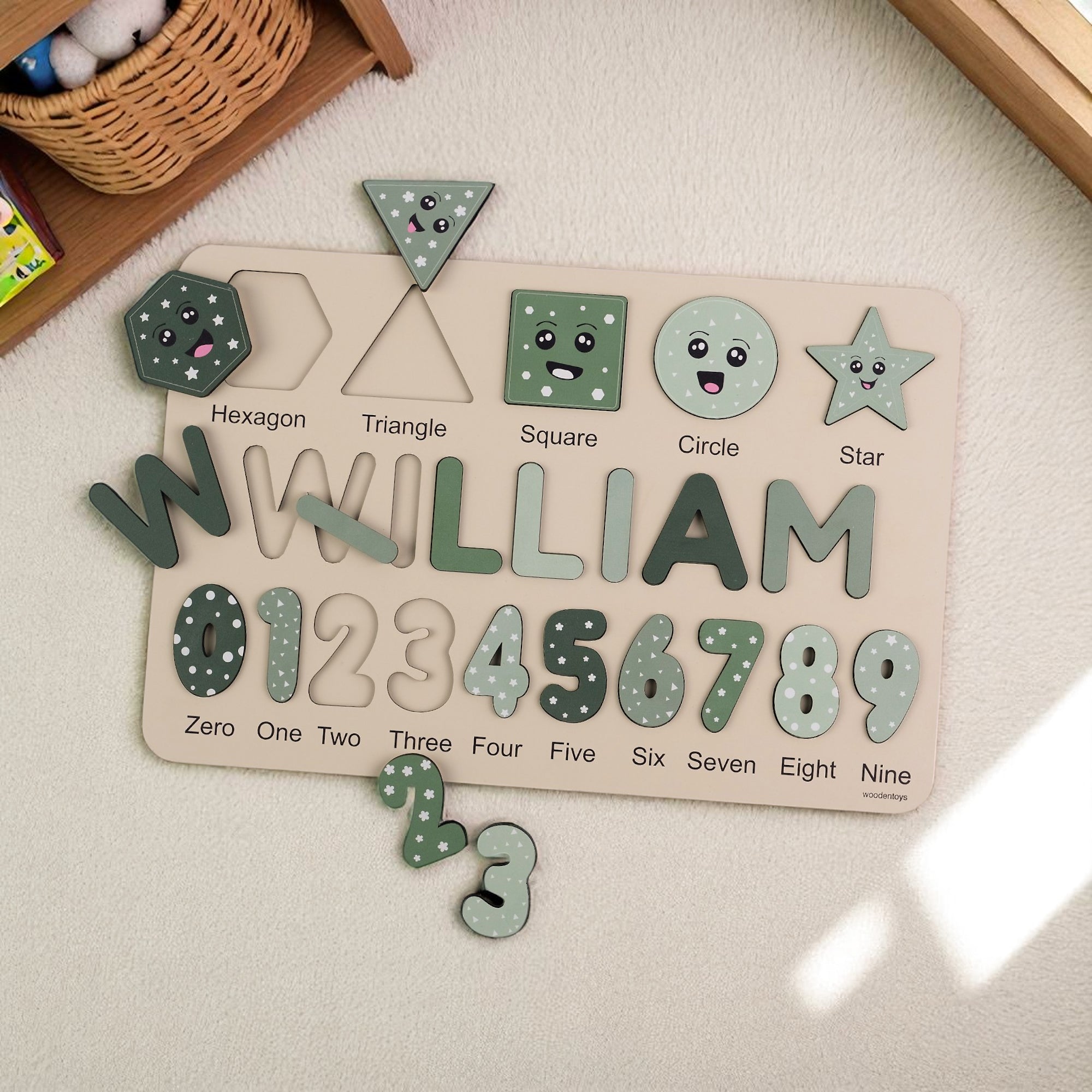 Personalized Name Puzzle – Green Wooden Numbers & Shapes for Kids