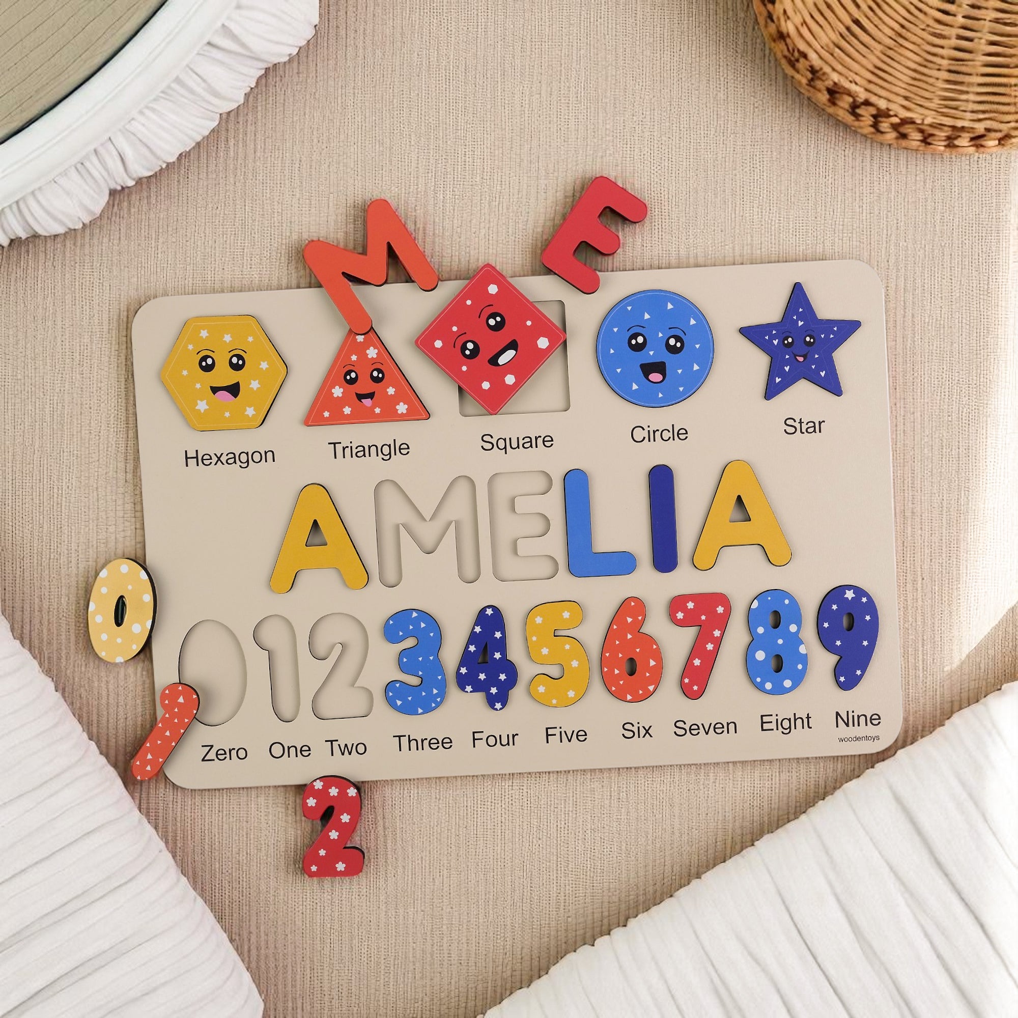 Personalized Name Puzzle – Pastel Colorfull Wooden Numbers & Shapes for Kids