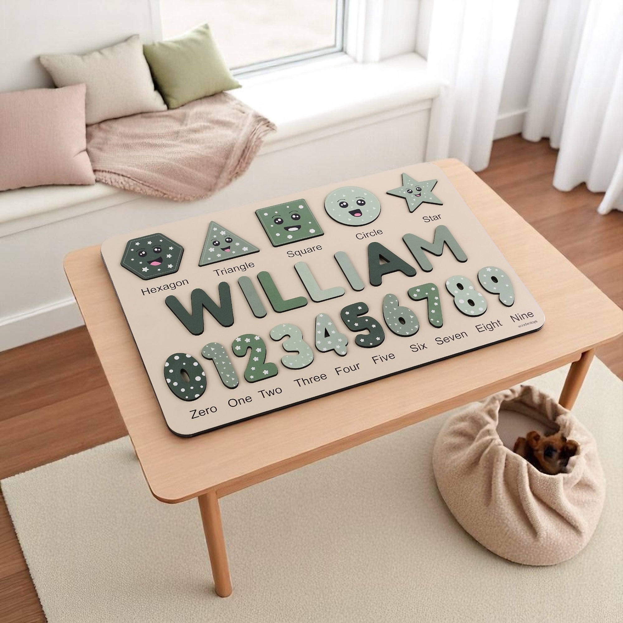 Personalized Name Puzzle – Green Wooden Numbers & Shapes for Kids