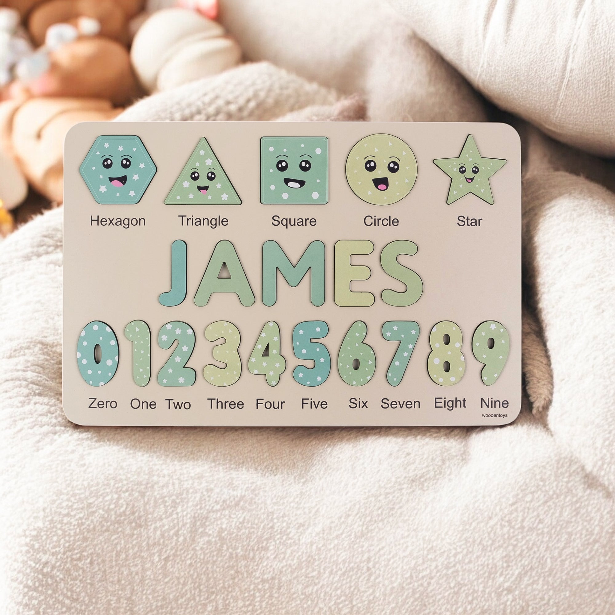 Personalized Name Puzzle – Celadon Green Wooden Numbers & Shapes for Kids