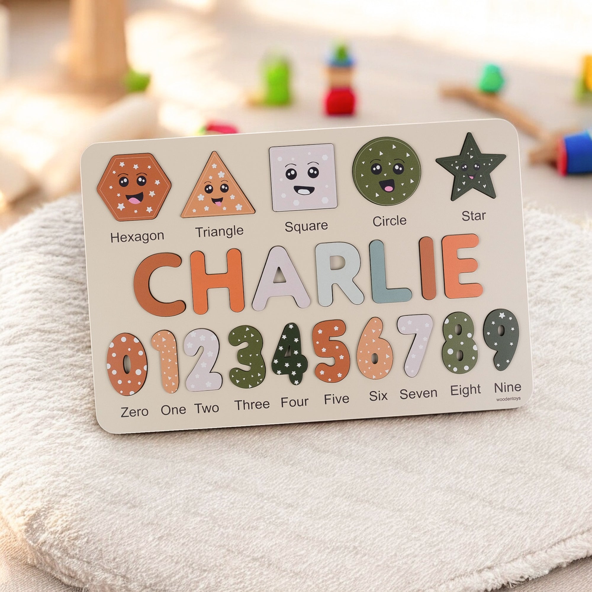 Personalized Name Puzzle – Coastal Capital Color Wooden Numbers & Shapes for Kids