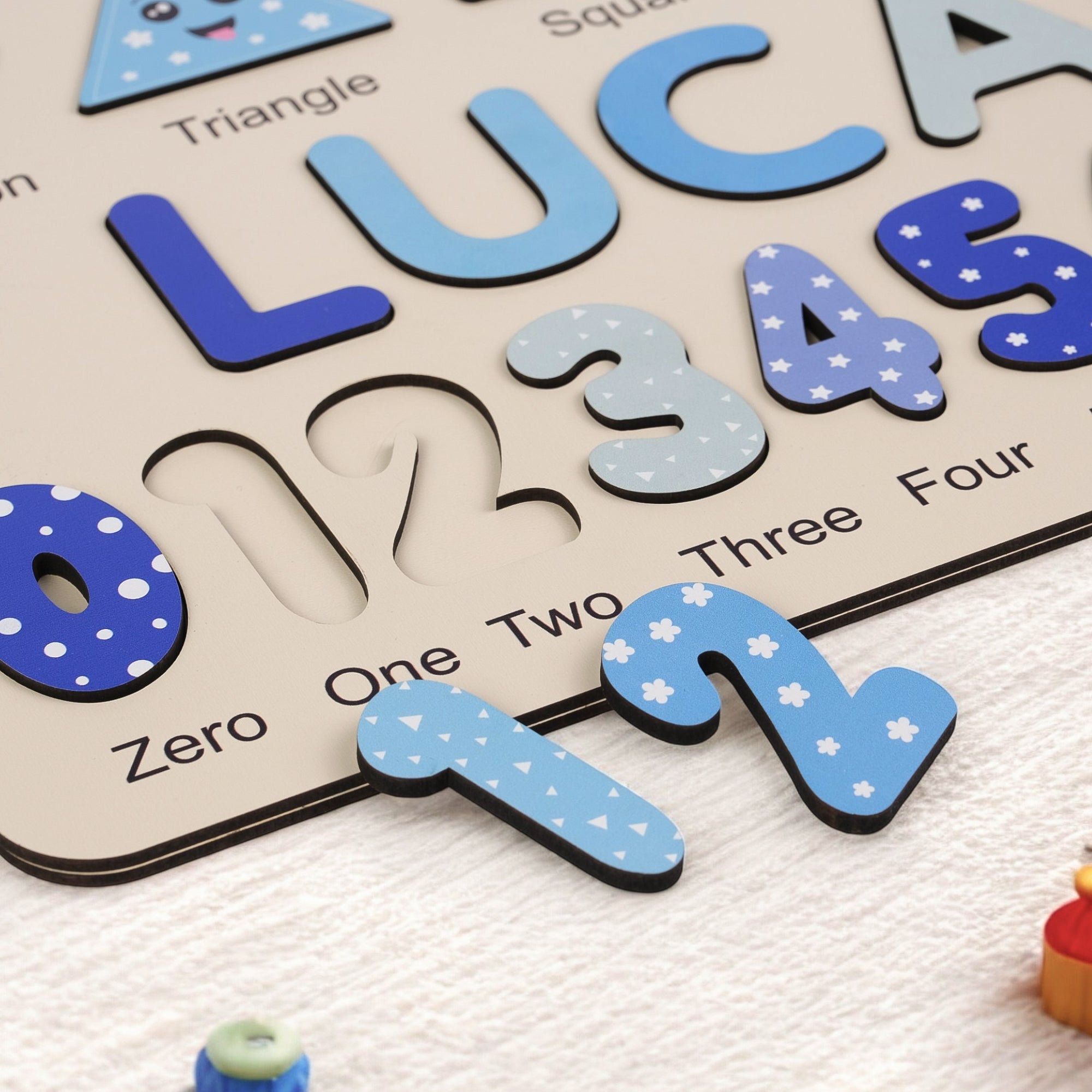 Personalized Name Puzzle – Happy Blue Wooden Numbers & Shapes for Kids