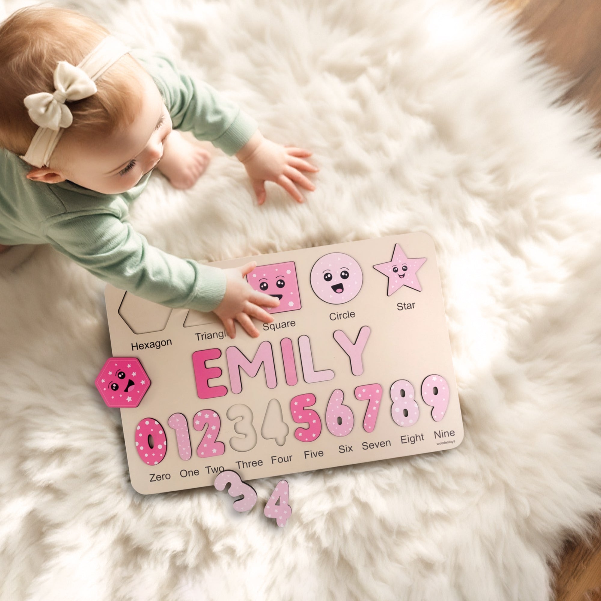 Personalized Name Puzzle – Rose Wooden Numbers & Shapes for Kids