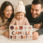 Personalized Name Puzzle – Brown Wooden Numbers & Shapes for Kids