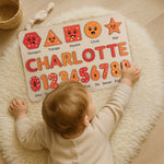 Personalized Name Puzzle – Orange Wooden Numbers & Shapes for Kids