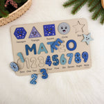 Personalized Name Puzzle – Royal Blue Wooden Numbers & Shapes for Kids
